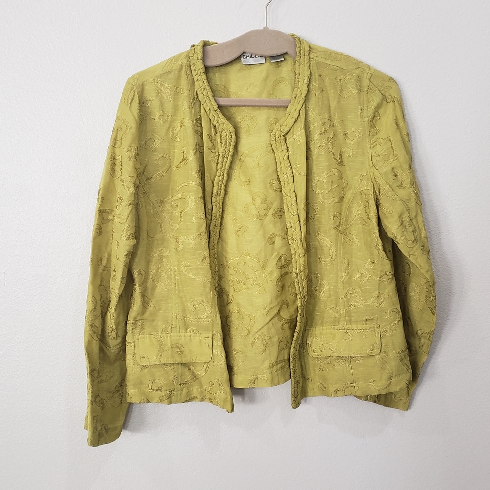 Chico's Braided Silk- Linen Blend  Floral Embroidered Jacket, Chico's 1- US M/8